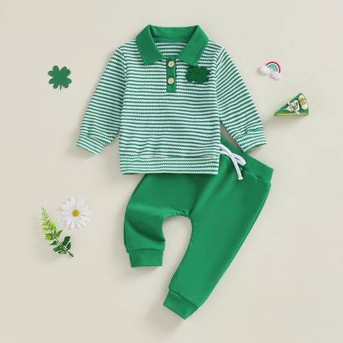 Image of Toddler Baby Boy St Patricks Day Outfit Infant Lucky Clover Sweatshirt Pants Set Little Kids Spring Warm Clothes