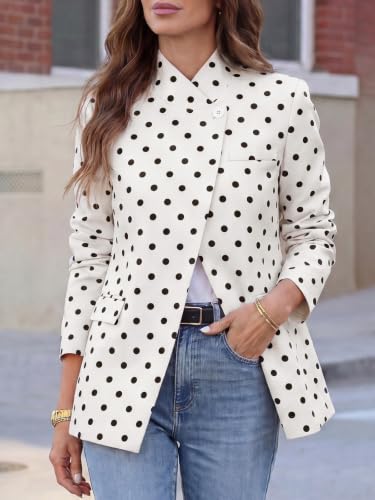 Tankaneo Womenss Polka Dot Blazers Business Casual Stand Collar Suit Jacket | Open front, Long Sleeve, Work Office, Symmetrical One Button, Fall Winter Vintage Suit Blazer, Flap Pockets, Trendy — view 2