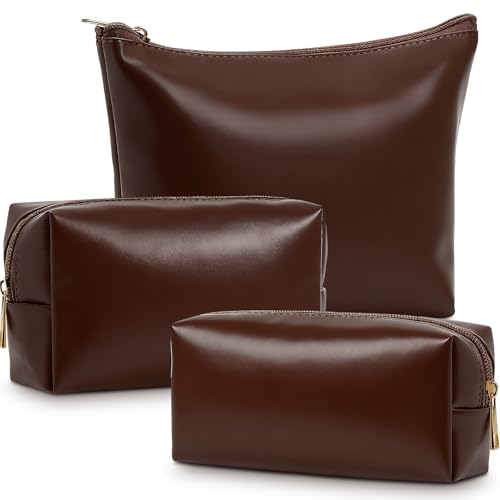 Kigeli 3 Piece Leather Makeup Bag Set Christmas Women Gifts, Coffee