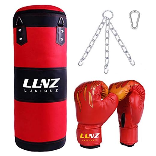 Luniquz Kids Punching Bag and Gloves. UNFILLED Hanging Boxing Bag with Mount Chain, Red