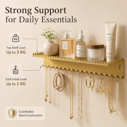 zizouoe Necklace Holder Wall Hanging Organizer, Gold Metal, 70 Hooks with Tray, Wall Mounted Jewelry Shelf for Kids, Girls and Women — view 3