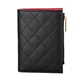 Masien Rauder Slim Bi-fold Checkered Quilted Leather Wallet | Classic Minimalist Style w. ID Window/Card Slot/Bill Holder/Zip Coin Pocket for Women (Black Quilted)