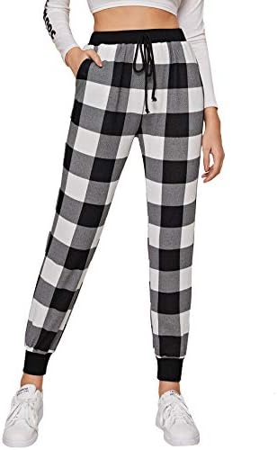 SweatyRocks Women's Sweatpants Drawstring Waist Long Workout Yoga Active Pants Plaid Medium