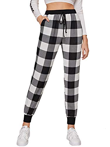 SweatyRocks Women's Sweatpants Drawstring Waist Long Workout Yoga Active Pants Plaid Medium