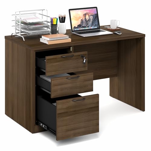 Image of Furinno Roger 47 Inch Executive Desk with File Cabinet, Home Office Desk with 3-Drawer Fixed Pedestal Filing Cabinet, Desk Cord Grommet, for Home Office, Modern Walnut