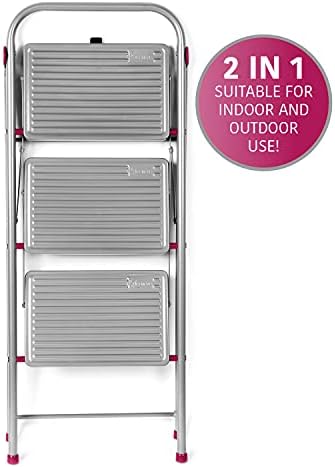 Kleeneze KL068514EU 3-Step Folding DIY Stepladder, Non-Slip Feet, Collapsible for Compact Storage, Ergonomic & Lightweight Design, Strong Steel Structure, Safety Clip, 150kg Capacity, 105cm, Pink/Grey