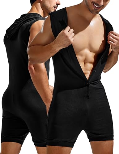 SEAUR Mens Jumpsuits One Piece Shorts Casual Fashion Summer Sleeveless Slim Fit Hooded Button Lightweight Rompers Bodysuit Black XL