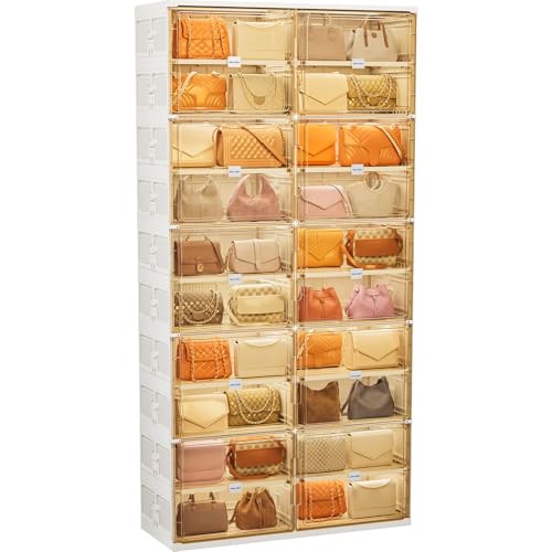 JEKO&JEKO 10-Tier Double Column Foldable Purse and Handbag Storage Cabinet, White Large Organizer with Magnetic Doors