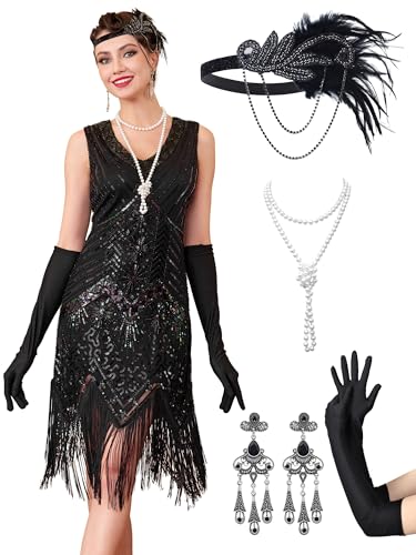 MTITE Flapper Dresses 1920s, Great Gatsby Dresses Roaring 20s for women, Fringed Sequin Costume with Accessories Set (BLACK, L)