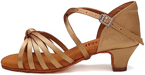 HROYL Women's Satin Latin Dance Shoes Low Heel Ballroom Salsa Tango Performance Dancing Shoes EM-XGG Beige 8 B(M) US