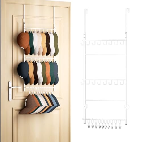 HapiRm Over Door Hat Rack - 3 Tier Wall Mounted Hat Holder with 16 Hooks and 10 Movable Clips, Cap Hanger Storage up to 26 Caps for Door, Bedroom, Closet USPTO Patent Pending