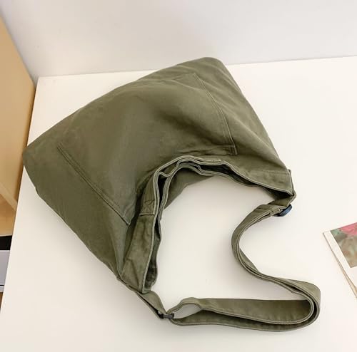 Image of Cotton Tote Handbag Women Canvas Crossbody Beach Bag Hobo Shoulder Tote Bag with 3 External Pocket,Zipper Closure