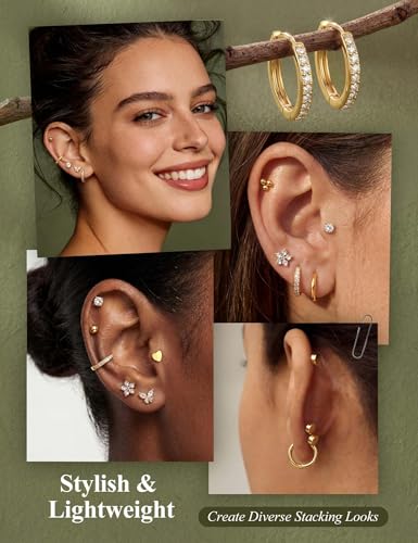 Image of Shining Diva Fashion 12 Pairs Anti Tarnish Earrings Combo Set | 14K Gold Plated | Hypoallergenic Stainless Steel Earring for Sensitive Ears | Flat Back Stud Hoop Cartilage Earring for Multiple Piercing