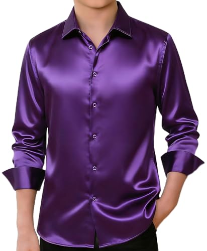 Hi-Tie Boys Purple Silk Shirt Size 16 Big Boy Regular Fit Luxrury Shiny Sateen Long Sleeve Button Up Shirts Formal Banquet
