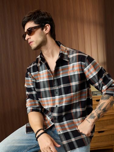 Image of The Souled Store Plaid Shirt: Mystic Jade Men and Boys Long Sleeve Spread Collar Black Plaid Cotton Lightweight Easy to Style Everyday Office Wear Relaxed Shirt