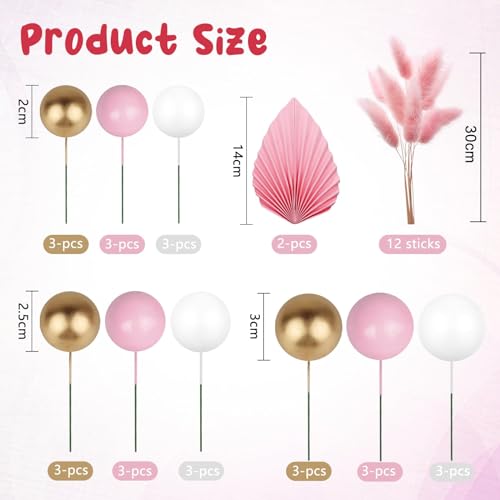 41 Pcs Pink Cake Balls Decoration Ball Cake Toppers Decorations Cake Decorations Flowers Pink and Gold Balls for Cakes Pinks Palm Leaves Cupcake Toppers for Baby Shower Wedding Party Anniversary - Image 2