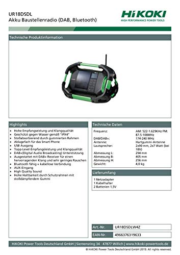 HiKOKI Akku-Baustellenradio UR18DSDL (Bluetooth, DAB+, USB, Wassergeschützt, AUX, Hohe Empfangsleistung und… - Image 3