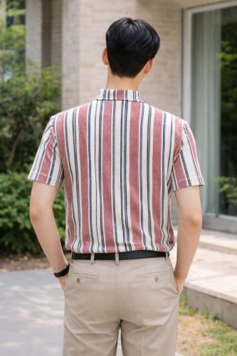 Image of London Hills Men's Loose Fit Half Sleeve Vertical Striped Polo T-Shirt with Zip Collar | Premium Polyester Fabric | T Shirt for Man | Tshirt | Shirts Men | Tshirt for Man | Men T-Shirts