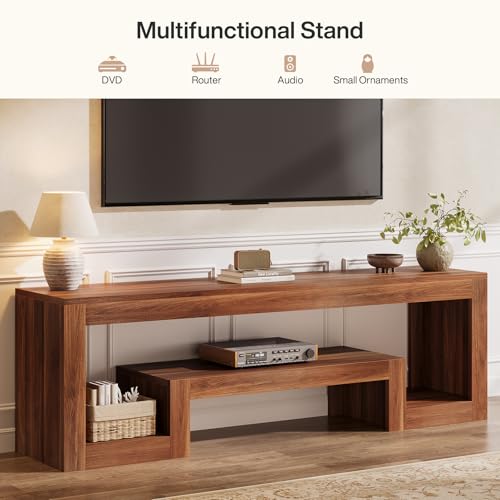 Image of Tribesigns 63-Inch TV Stand for 55 /60 /65 /75-Inch TVs, Farmhouse Entertainment Center with Open Storage Shelves, Wood Television Console for Living Room, Bedroom, Walnut