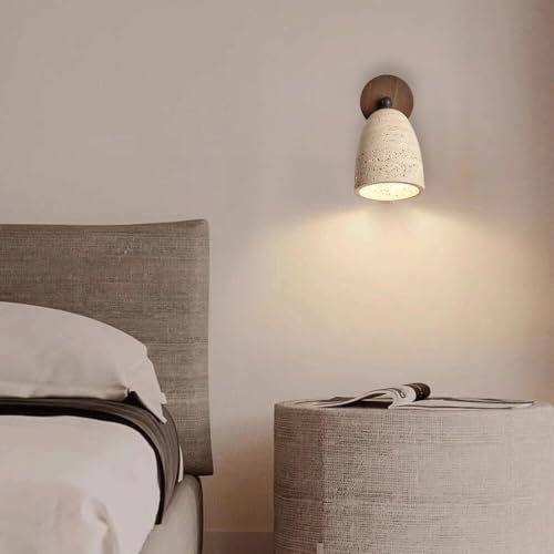Aplique de pared de travertino con base de madera y luz regulable E26 7