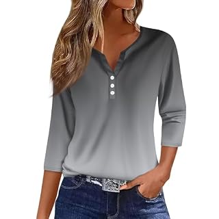 Angebote Damen Bekleidung,3/4 Arm Tshirt Frühling Sommer Pullover Blusen Leichte Basic Tops Casual Oberteile V-Ausschnitt Knopfleiste Shirt,Grau,XXL