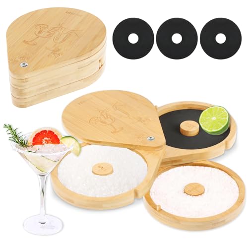 Margarita Salt Rimmer Set, Bamboo 3 Tiers Bar Glass Rimmer for Cocktails, Wooden Sugar and Salt Rimming Accessories Supplies with 3 Sponges for Party Bar Home Restaurant Drinks Making (three layers)