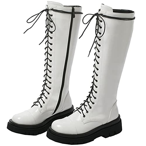 Meefit Women Goth Knee High Platform Boots Lace Up Chunky Heel Combat Tall Boots