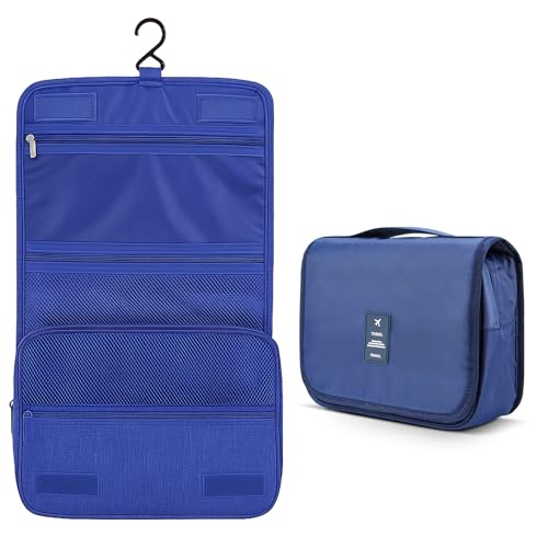 Image of Wishkey Travel Toiletry Pouch for Men & Women Waterproof Hanging Organizer Pouch for Bathroom Accessories, Makeup & Cosmetics Large Capacity Portable Toiletries Kit with Mesh Pockets - Dark Blue