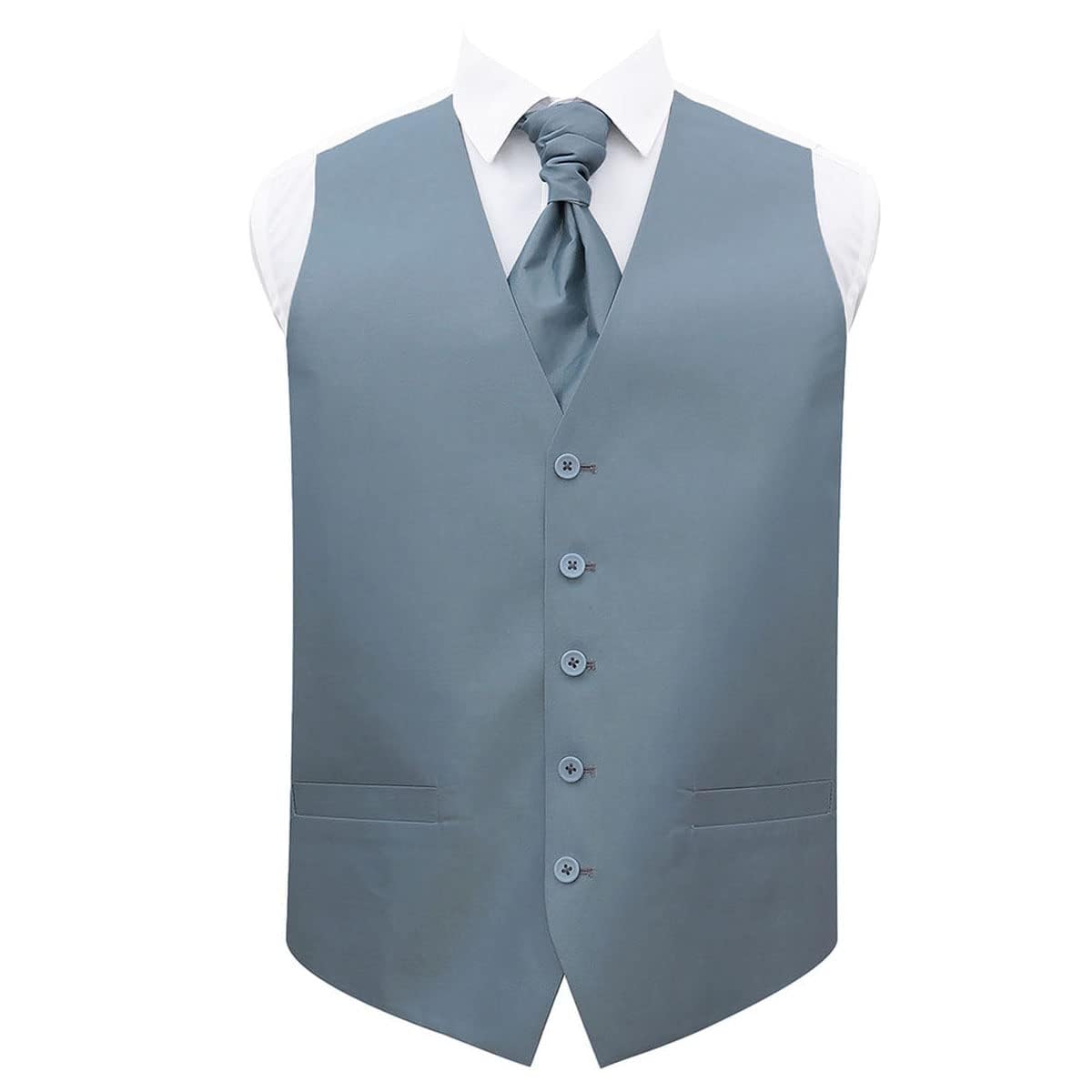 Dqt Men's Dusty Blue Plain Shantung Waistcoat Cravat Pocket Square Cufflinks & Lapel Pin Set (5Pc) - Wedding, Business & Formal - 48" (4Xl)