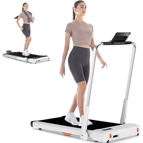 Dskeuzeew FoldingTreadmill, 300lb Capacity Foldable Treadmill 3HP for Home and Office, 2 in 1 Under Desk Treadmill with Remote Control, LCD Display (White) Cover