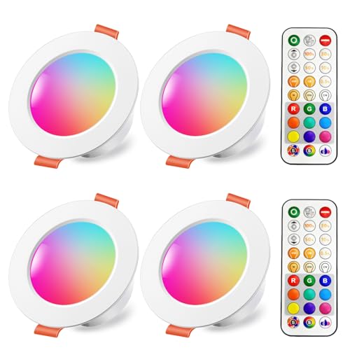 iLC LED Einbaustrahler 8W (ersetzt 60W), RGBW mit Fernbedienung, 68-85mm Lochmass, 230v Rund Deckenspots IP44 Kaltweiß 5700K Einbauleuchte RGB Farbwechsel Farbige (4er-Pack)