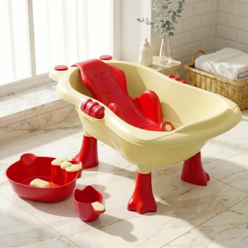 Image of StarAndDaisy Bath Tub for Baby 0-5 Years /Bath tub for Kids with 0-3 Years Girls & Boys with bathseat, Legs, Mug and soap Tray, Space Saving Design, Newborn Baby Bathing Tub, Easy to Store (Cream-Red)