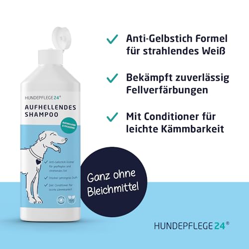 Hundepflege24 Hundeshampoo weißes Fell - Aufhellend & Pflegend - Anti-Gelbstich Formel für kräftiges, gepflegtes, strahlendes Fell - Mit pflegendem Conditioner für leichte Kämmbarkeit - 500ml