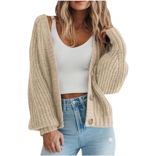 Cardigan Sweaters for Women Cropped Button Lightweight Cardigans Chunky Knit Open Front Sweater Fall Outerwear Coat Beige Winter Shirts for Women L