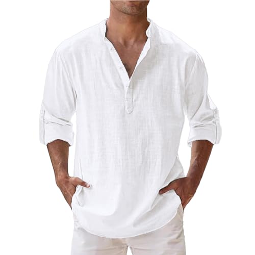 Men's Linen Long Sleeve Henley Shirt Stand Collar Relaxed Fit Casual Top Solid Color Beach Hippie Summer T-Shirt