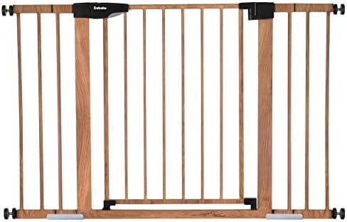 Mom's Choice Award Winner-BABELIO Metal Baby Gate with Wood Pattern, 29-48'' Extra Wide Walk Thru Pet Dog, Easy Install Wall Mounted Dog Gate, No Tools Required, with Wall Protectors and Extensions
