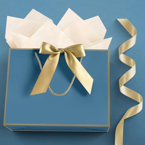 Image of JMANNI Gift Bags with Handles, 11 inch Small Gift Bag for Presents, 2 Pcs Bags with 4 Tissue Paper and 2 Cards for Baby Shower Wedding Bridal Shower Mother's Day Birthday Party (Golden-Blue)