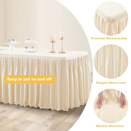 Ivory Polyester Table Clothes for 6 Foot Rectangle Tables, Wrinkle Free Fitted Table Cover with Pleated Ruffle Table Skirt for Party Baby Shower Wedding Birthday Event Display