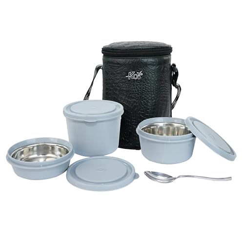 Image of KOI Insulated Lunch Box Set | 3 Inside Steel Containers (290ml, 450ml, 600ml) with BPA Free Lids | Leakproof Microwave Safe Tiffin | Adjustable Shoulder Strap Lunch Bag for Office Travel (Black croko)