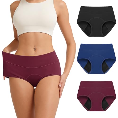 RFOGJV Period Underwear for Women Teens Leak-Proof Menstrual Cotton Protective Hipster Panties 3 Pack Dark Color M