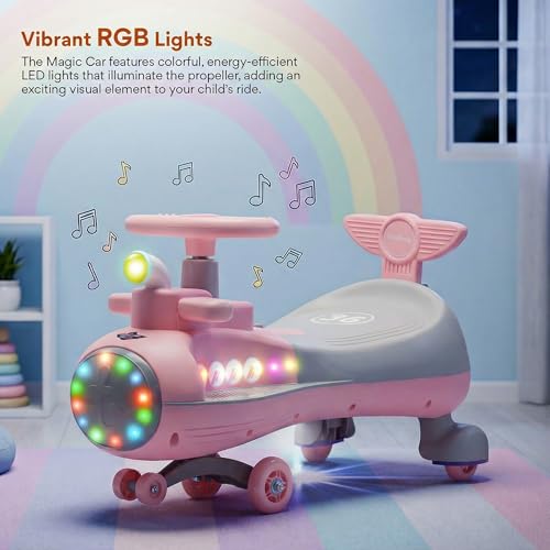 Image of Baybee Diver Baby Swing Cars for Kids | Indoor Wiggle Push Baby car with Floor Lights | Twister Ride on Kids Car with RGB Lights, Music & Backrest | Magic Car for Kid 2 to 5 Years (Pink)