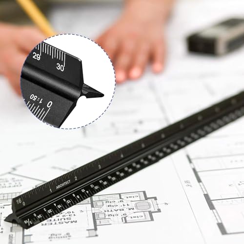 Dreikantmaßstab, 30cm Maßstabslineal Aluminium Maßstab Lineal für Architekten, Studenten, Zeichner und Ingenieure, Schwarz(1:100, 1:200, 1:250, 1:300, 1:400, 1:500)
