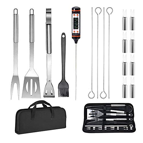 YUFANYA Lot de 18 Ustensiles de Barbecue kit en Acier Inoxydable avec Sacs de Rangement, Thermomètre, Ustensiles pour Barbecue d'extérieur pour Les Amis Et La Famille Cover