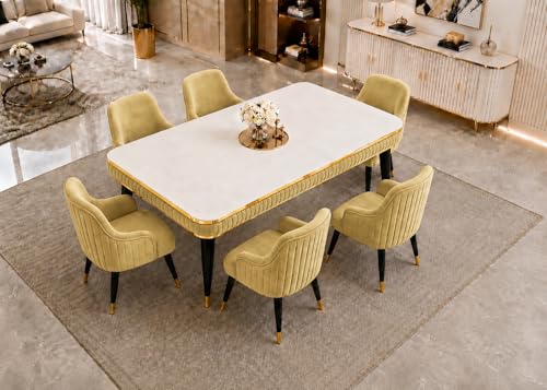 Image of WOODEN SPACE 6-Seater Wooden Dining Table Set | Nano Composite Marble Top | Solid Wood Base | Modern Dining Room Furniture with 6 Chairs (Light Green Modern Zyro)