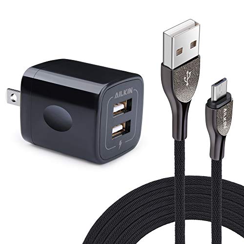 AILKIN Dual USB Port Wall Phone Adapter with 6.6FT Android Micro USB Port