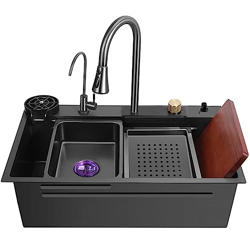 Image of X-XONIER 304 Single Bowl Kitchen Sink Stainless Steel Multipurpose Multifunction 3 Mode Tap with Pulldown Feature Soap Dispenser Glass Washer Black