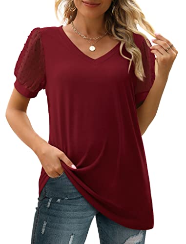 Image of Aokosor Womens Summer Tops V Neck T Shirts Swiss Dot Puff Sleeve Tops Loose Casual Tshirts
