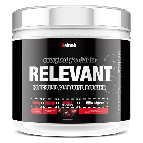 #sinob The Relevant 3 Pre Workout Booster con Nitrosigine® (cereza) 1 x 285 g – El potenciador para bombeo, potencia y enfoque. Con citrulina, arginina, cafeína, guaraná y taurina.