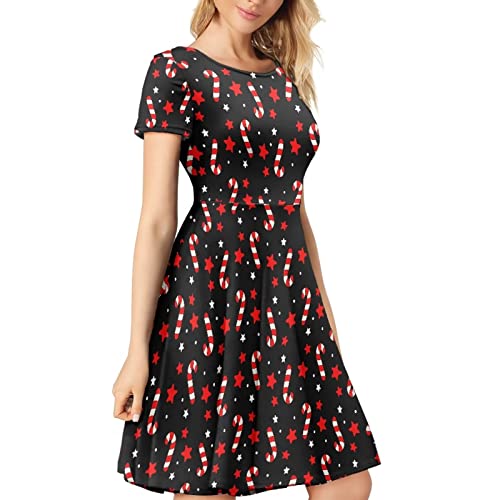 Image of POLERO Women Puffy Swing Elegant Party Midi Dresses Short Sleeve Round Neck A-Line Dress