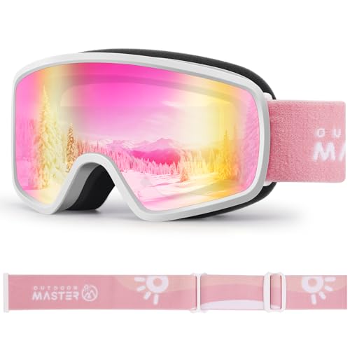 OutdoorMaster Kids Ski Goggles OTG Snowboard Goggles with 100% UV Protection Kids Snow Goggles for Boys Girls Toddler(WhiteFrame Vlt 13.9%+Revo Pink...